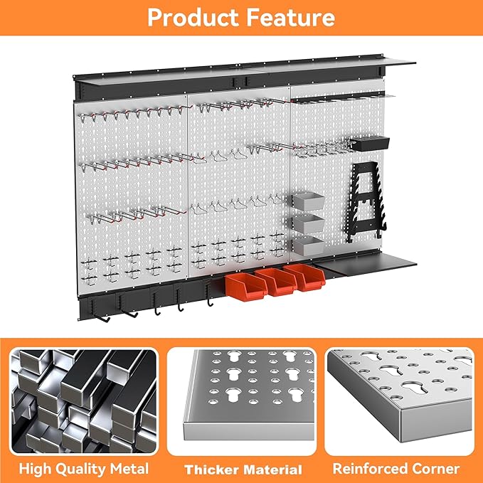WALMANN 113 PCS Pegboard Wall Tool Organizer Kit with Pegboard Hooks, Bins, Pegboard Tools Storage System for Garage, Modular Peg Board, Tools Organizer Board with Hooks(Grey)