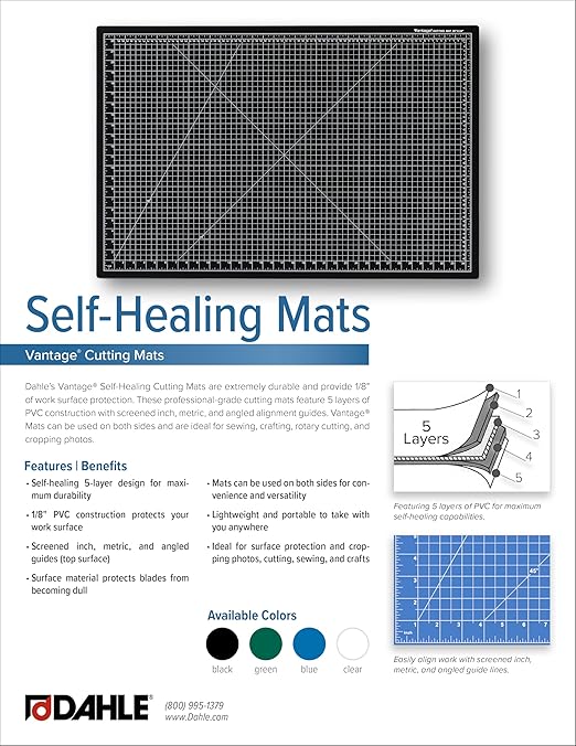 Dahle Vantage 10692 Premium Self-Healing Cutting Mat, 18"x24", 1/2" Grid, 5 Layers for Max Healing, Perfect for Crafts & Sewing, Blue