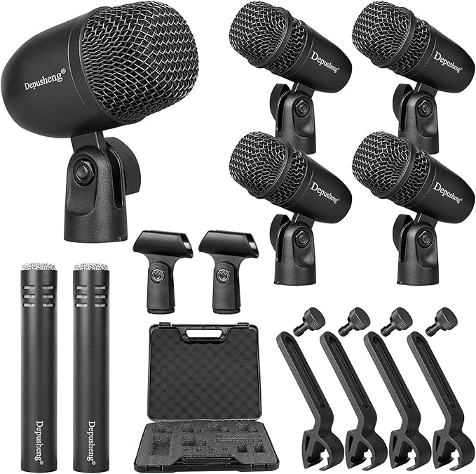 Depusheng 7-Piece Drum Microphone Set with 5 Dynamic Percussion Microphones and 2 Condenser Percussion Microphones Ideal for Instrument Recording and Music Production