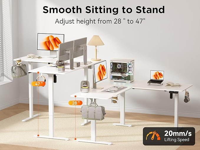 WALKINGDESK 63X55 Inches Reversible L Shaped Standing Desk Height Adjustable with Cup Holder, Electric Corner Computer Desk, Sit Stand up Home Office Desk, Ergonomic Gaming Desk, White