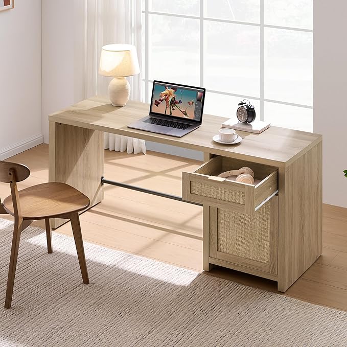 SICOTAS Rattan Home Office Desk, 2 Pieces 59" Boho Executive Desk with Storage Cabinets and Drawers, Larger Computer Laptop Vanity Desk for Office, Study, Living Room, Light Oak