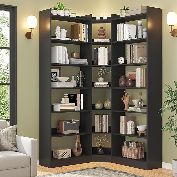 Semoic 70.8" Tall Corner Bookshelf, 7 Tiers Large Etagere Bookcases with Baffles, L-Shaped Modern Storage Display Rack Industrial Bookshelves for Bedroom, Home Office, Living Room & Kitchen, Black
