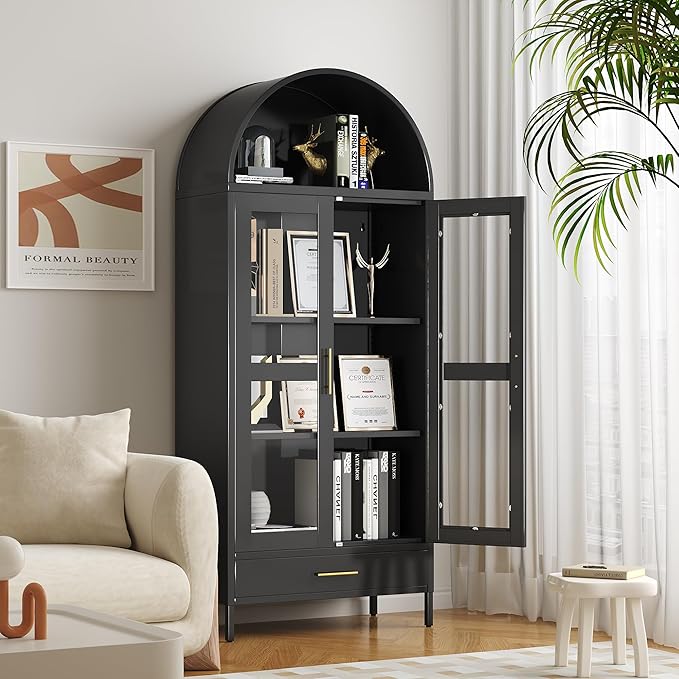 VEXPOR 73" Tall Arched Display Cabinet with Glass Doors, Metal Arched Curio Cabinet with Drawer for Living Room, Home Office, Assembly Required, Black