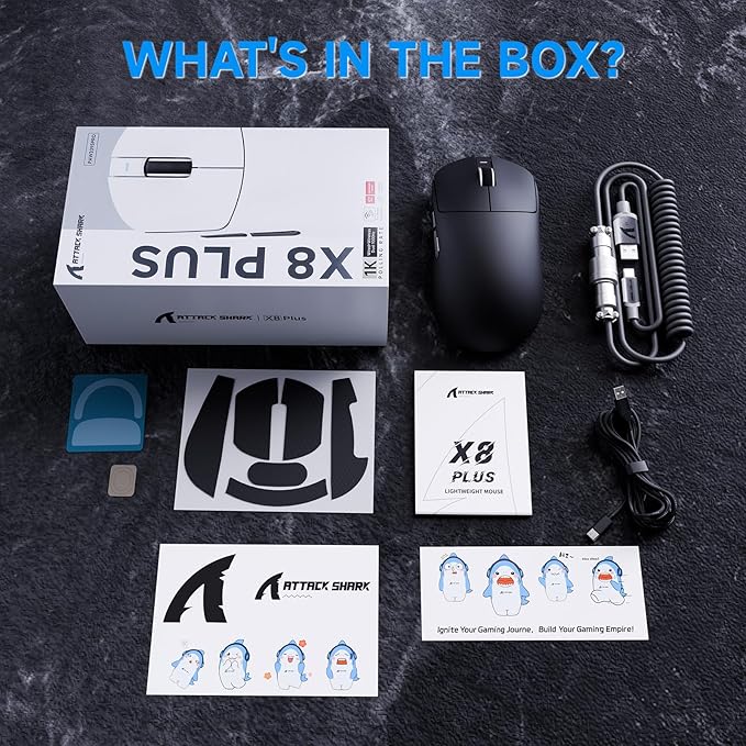 ATTACK SHARK X8Plus 55g Superlight Wireless Gaming Mouse with 40K DPI,PAW 3395PRO Sensor, Broadcom BK52820 Chip,HUANO Switch,Web Driver,Tri-Mode Fit Large Hand Mice with RGB Cable -Black&Sticker