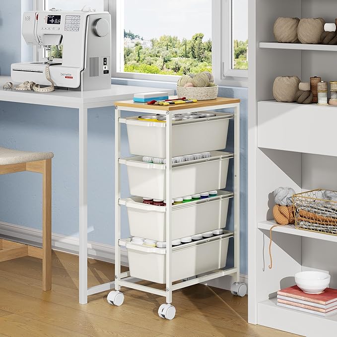 Rolling Storage Cart with 4 Drawers, Craft Organizer, Wooden Tabletop Utility Cart for Bedroom, Children's Room and Office Organization, Table Side Trolley with Lockable Wheels, White