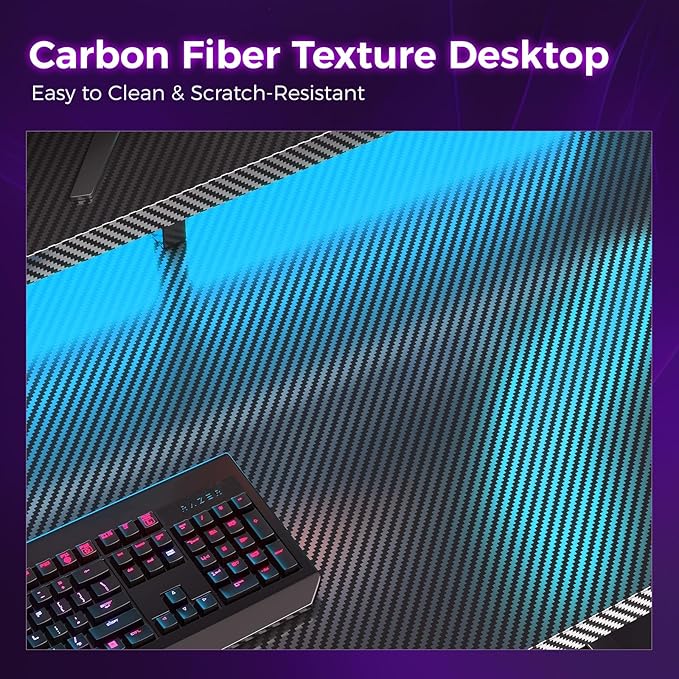 AODK Gaming Desk, 48 Inch Computer Desk with Led Lights, Office Desk with PC Tower Stand, Reversible Desk with Monitor Shelf & Headphone Hook, Carbon Fiber Black