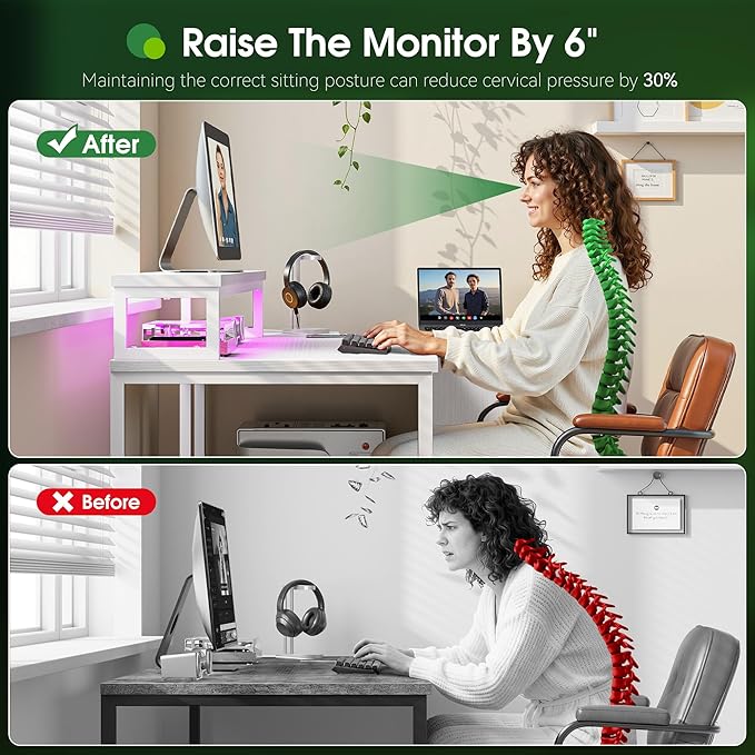 EnHomee L Shaped Gaming Desk with Drawers & Power Outlet, Small Computer Desk with LED Lights, Reversible White Office Desk with Monitor Stand for Gaming,Study Room,Home Office,Bedroom,White