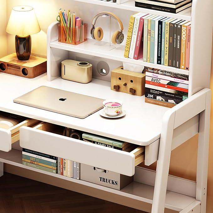 Kids Desk Rubber Wood Kids Table Children’s Study Desk with Bookshelf and Two Drawers Children Study Computer Writing Workstation for 3 and Above (White