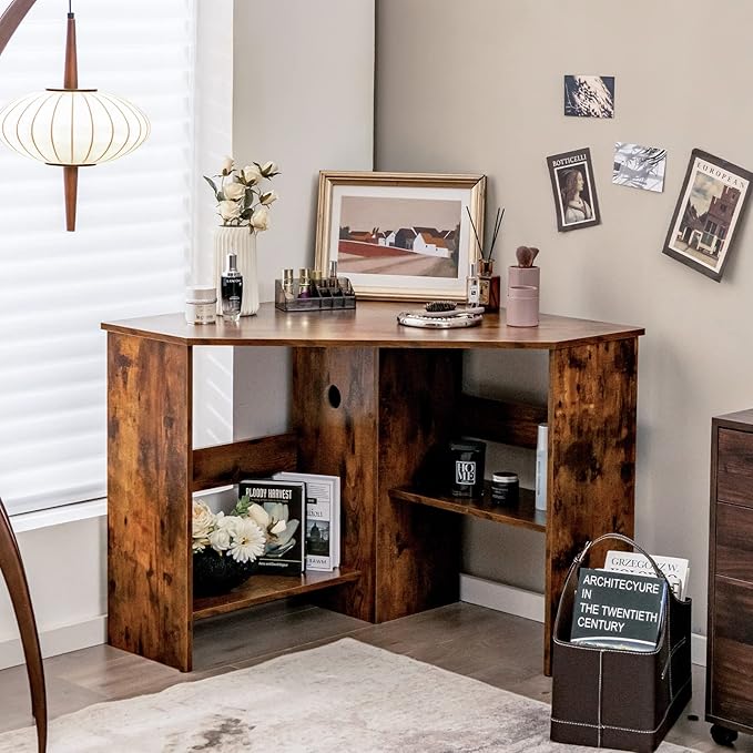 COSTWAY Corner Computer Desk, Space-Saving Triangular Writing Desk w/ 2 Storage Shelves & 2 Cable Holes, Multi-Functional Console Table for Small Space in Home Office, Living Room, Bedroom (Coffee)