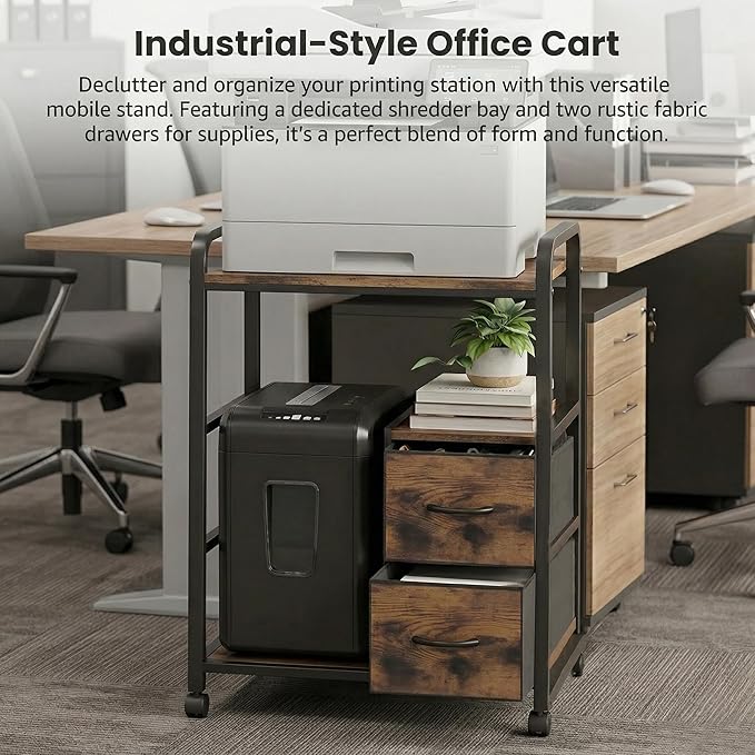 Printer Stand Featuring Fabric Drawers, Under Desk Host Computer Cabinet and Shredder Shelf, Heavy Duty Printer Stand with Storage Workstation Organization Printer Table for Home Office