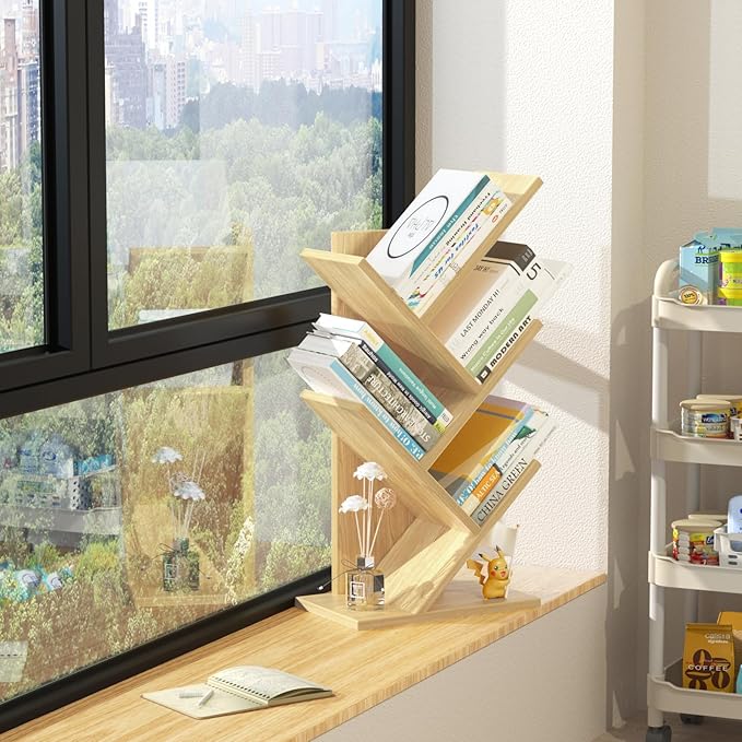 SHEEPAM 5 Tier Tree Book Shelf, Small Desktop Bookshelf with Storage Organizer, Wood Bookcase, Desk Display Bookshelves, Floor Standing Organizer Bookcases for Living Room,Bedroom,Office-Natural