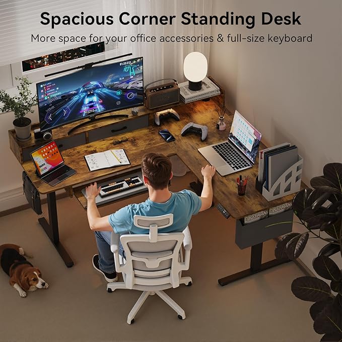 WALKINGDESK 63 Inches Height Adjustable L Shaped Standing Desk with 2 Drawers and Keyboard Tray, Electric Sit to Stand Home Office Comupter Table, Ergonomic Corner Gaming Desk, Rustic Brown