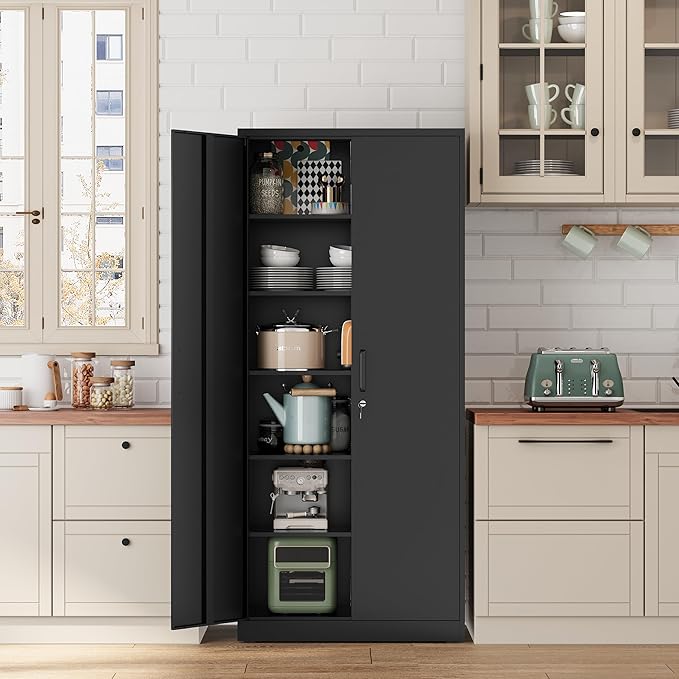 Fesbos Metal Storage Cabinet-72” Tall Steel File Cabinet with Lockable Doors and Adjustable Shelves-Black Steel Storage Cabinet for Home, School, Office, Garage