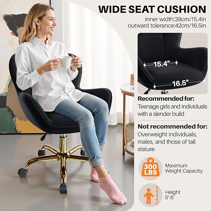Vanity Chair with Wheels, Cute Home Office Desk Chairs Adjustable Height for Living Bedroom, Small Modern Fluffy Velvet Makeup Chair with Back for Girls (Black)