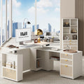 ModernMate 63" L Shaped Standing Desk with Storage, Executive Height Adjustable Desk with 59" Bookshelf and Cable Management, Home Office Furniture Sets, White Rattan