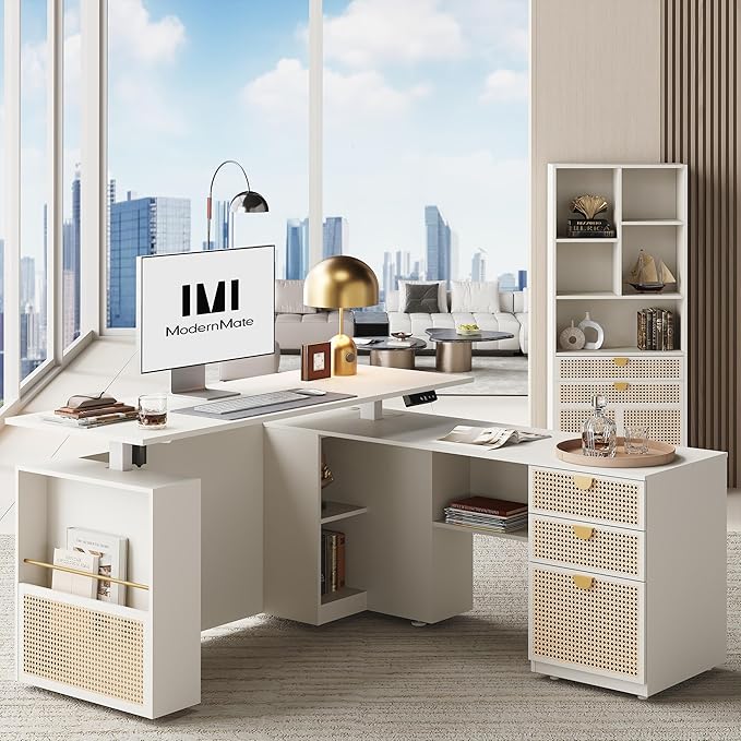ModernMate 63" L Shaped Standing Desk with Storage, Executive Height Adjustable Desk with 59" Bookshelf and Cable Management, Home Office Furniture Sets, White Rattan