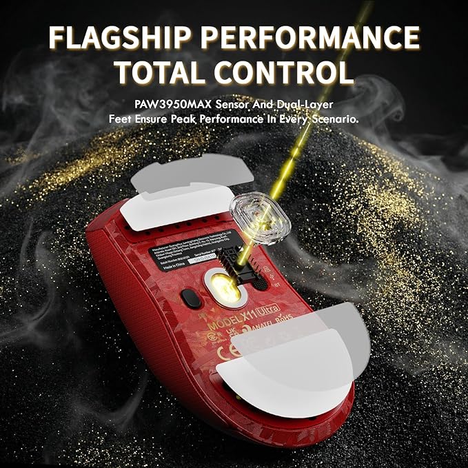 ATTACK SHARK X11 Ultra Carbon Fiber Wireless Esports Gaming Mouse,8k Polling,PAW3950MAX Sensor,63g Ultra-Ligh Ergonomic Gaming Mice,2.4Ghz/BT/Wired,with RGB Coiled Cable -Metallic Red&Griptape