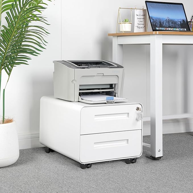 Under Desk Printer Stand with Storage – 2-Drawer Printer Table for Home & Office, Mobile Printer Cart with 2 Sets of Casters and Lockable Drawers, 4 Keys, White