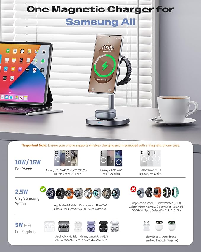 Magnetic Wireless Charger for Samsung, 15W Certified Fast 3 in 1 Charging Station TEC Cooling Compatible with Mag-Safe Charger for Galaxy S26/25/24series, Z Fold 7/Flip7/Samsung Watch Ultra 8/Buds