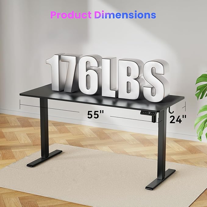 WALKINGDESK 55x24 Inches Height Adjustable Electric Standing Desk with 2 Hooks for Home Office, Ergonomic Sit Stand up Desk with Splice Board, Black