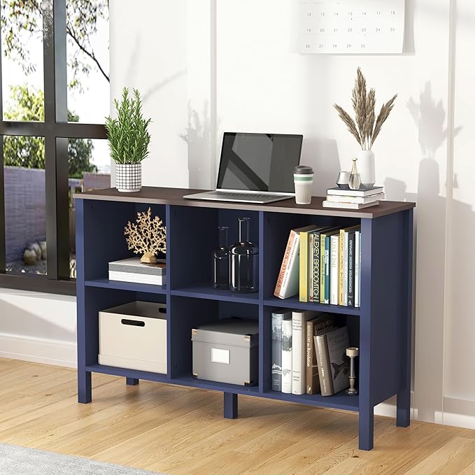 6-Cube Bookcase, Farmhouse Wooden Bookshelf Low Storage Organizer, 45" Horizontal Navy Blue Console with Legs, Hallway Book Case for Entryway, Display Cabinet for Living Room (Navy Blue, 6-Cube)