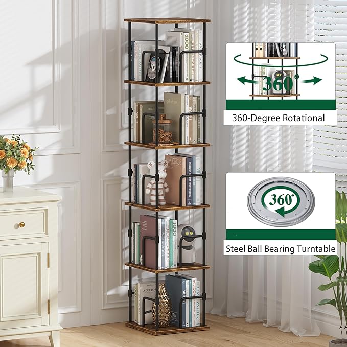 5-Tier Rotating Bookshelf, Freestanding Corner Bookshelf, 360° Spinning Bookcase Industrial Style Storage Rack with Rails, for Living Room, Bedroom, Study