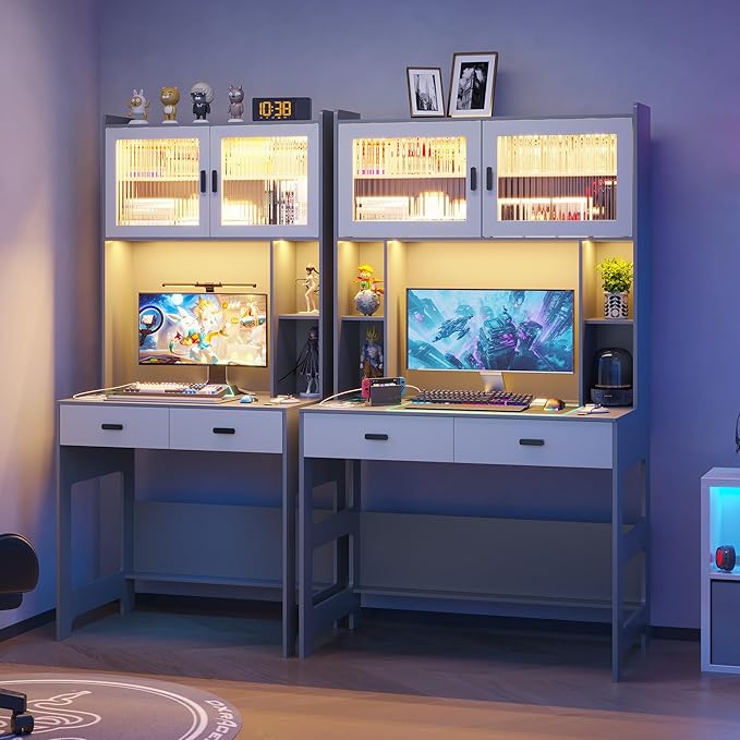 Vlsrka Home Office Desk with Hutch and LED Lights, 40 Inch Modern Study Desk with Power Outlet and Charging Station, Wooden Computer Desk with Storage Drawers & Shelves (Grey)