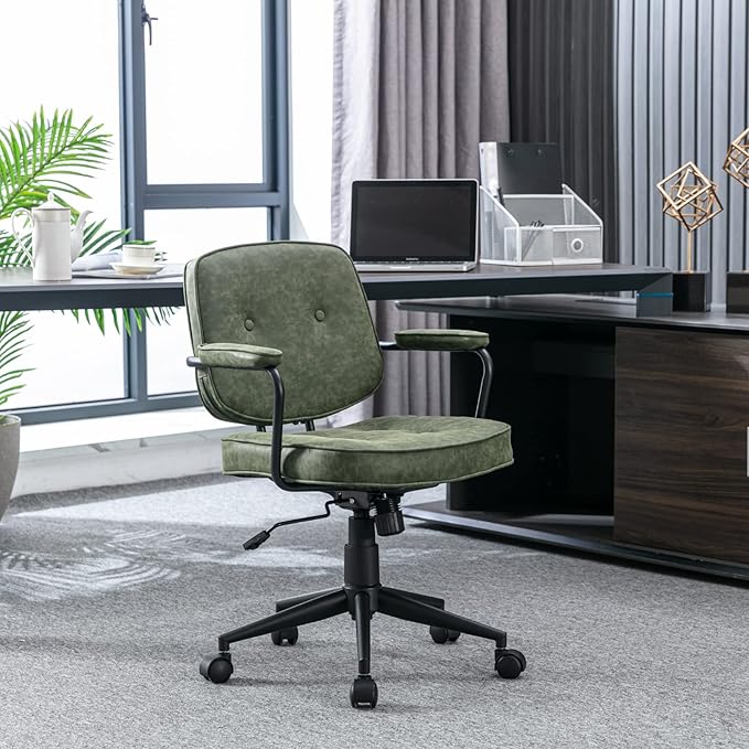 HEAH-YO Modern Armless Desk Chairs Set of 1, Swivel Computer Task Chair with Wheels and Armrests, PU Leather Adjustable Office Chair with Backrest for Home Base, Green