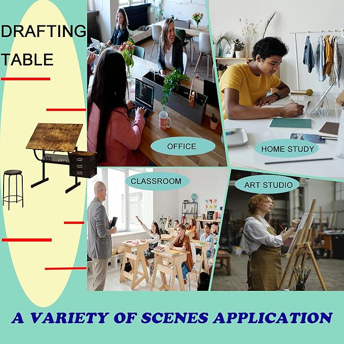 Drafting Table, Tilting Tabletop Artist Desk w/3 Storage Drawers & Stool, Craft Drawing Table for Painting, Sketching, Home Office, Art Studio, Classrooms (Wood+Black)
