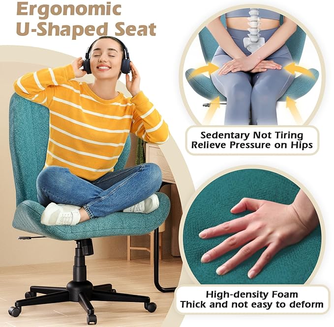 ZZW Criss Cross Chair with Wheels, Wide Cross Legged Office Chair Armless Comfy Desk Chair with Tall Back Vanity Chairs with Stress Relief Curved Design Seat for Bedroom & Office & Home Blue