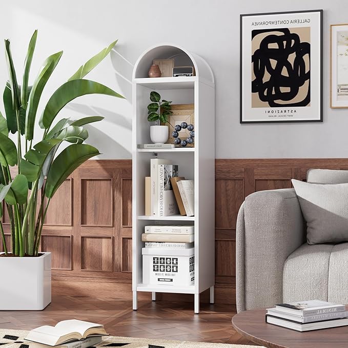 Aobabo 63" H Arch Display Bookcase with 2 Adjustable Shelves, Kitchen Pantry Storage Bookshelf for Dining Room, Home, Office, Kitchen, Study Room, Assembly Required, White