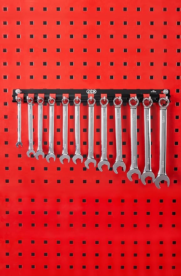 JCK Professional Quality Rack of Wrench Organizer Black Aluminum & Red Plastic Clips molding Integrated with Stainless Steel 304 Hooks Organize Wrenches Secure Clip Toolbox Combination Storage