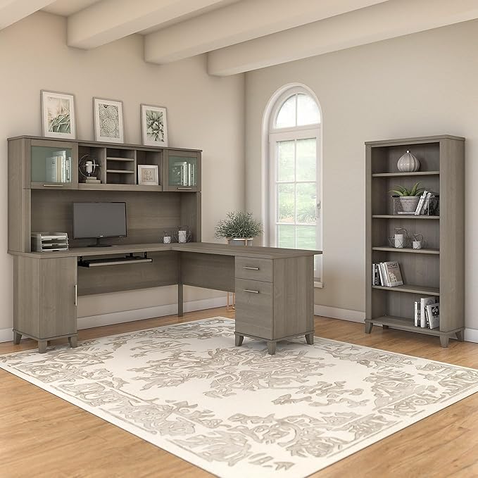 Bush Home Somerset 72W L Shaped Desk with Hutch and 5 Shelf Bookcase in Platinum Gray