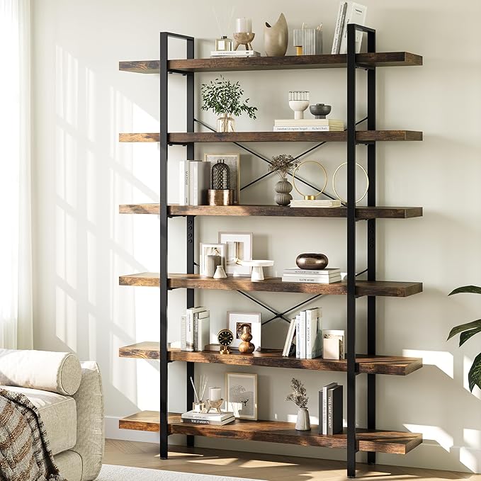 OtterOasis Heavy Duty 6-Tier Industrial Bookcase, 47" Wide Wood Bookshelf for Home Office, 120lbs Shelf Capacity, Rustic Open Shelving Display with Reinforced Horizontal Shelf for Living Room Bedroom