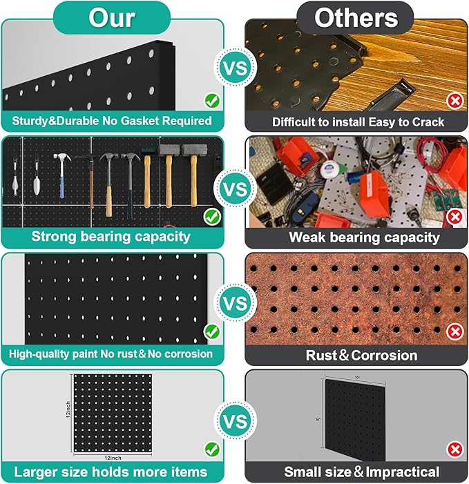 Peg Board, 6 Pack 12"x12" Black Metal Pegboard Panels Pegboards Wall Organizer with Bent Frame Large Heavy Duty Peg Board for Walls Home, Garage Tool Storage, Workbench, Craft Room, Kitchen