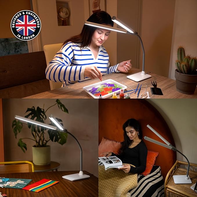 DuoPro™ Table Lamp - Double Shade LED Task Lamp, 4 Brightness Levels, 6,000K Daylight, 2,100 Lux, Anti-Glare, Flexible Arm, Touch Dimmer - Ideal for Sewing, Crafting, Reading