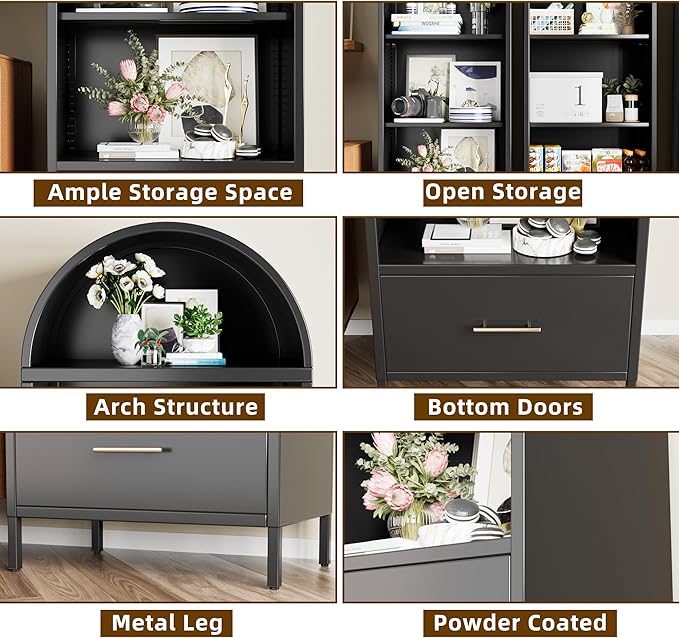 VEXPOR 73" Tall Arched Bookcase Cabinet, 5-Tiers Metal Black Arched Bookshelf with Drawer for Living Room, Home Office, Assembly Required, 15.35" D x 30.71" W x 72.83" H