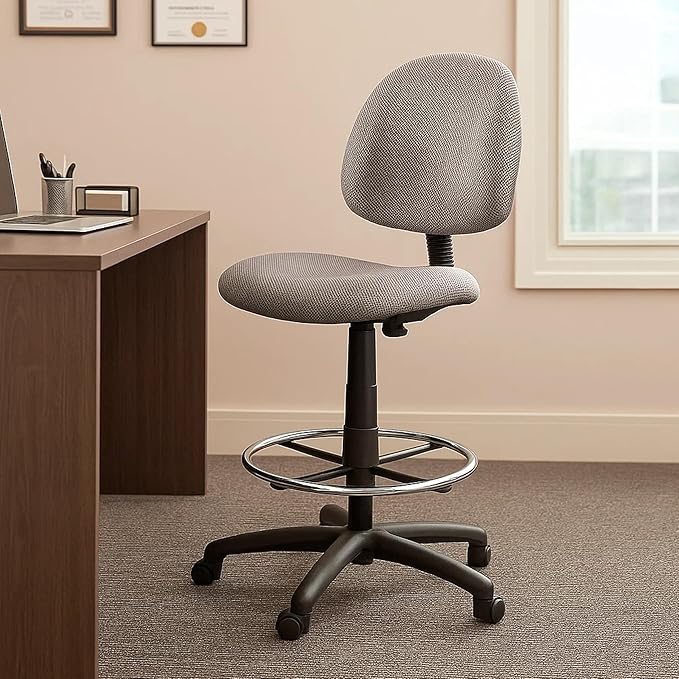 Benzara Jea Drafting Stool Chair, Gray Tweed, Contoured Back and Footring