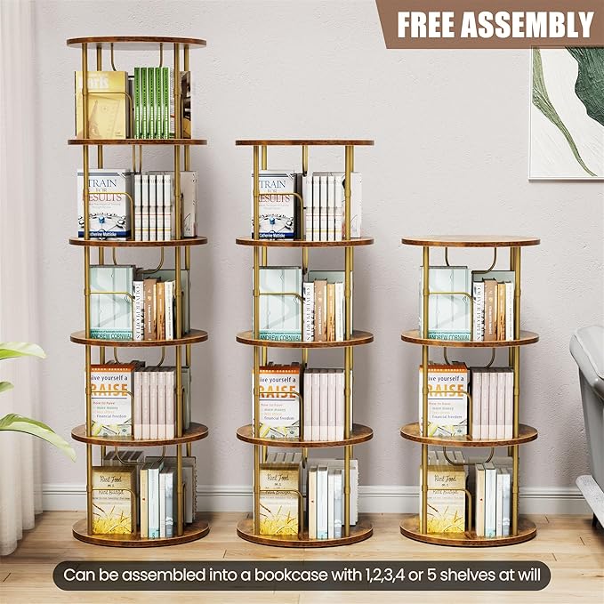 Flycity 5 Tier Rotating Bookshelf, 360° Corner Bookshelf Tower, Round Revolving Bookcase with Special Visible Partition Storage, Narrow Book Shelf Organizer for Living Room, Small Space, Gold