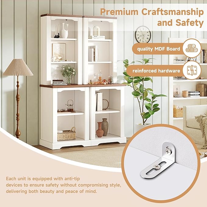 ON-Trend Two-Piece Elegant Freestanding Tall Cabinet with Fully Open Storage, Walnut Element Bookshelves with Curved Design, Stylish Display Bookcase with Anti-Tip Device for Living Room, White Refi