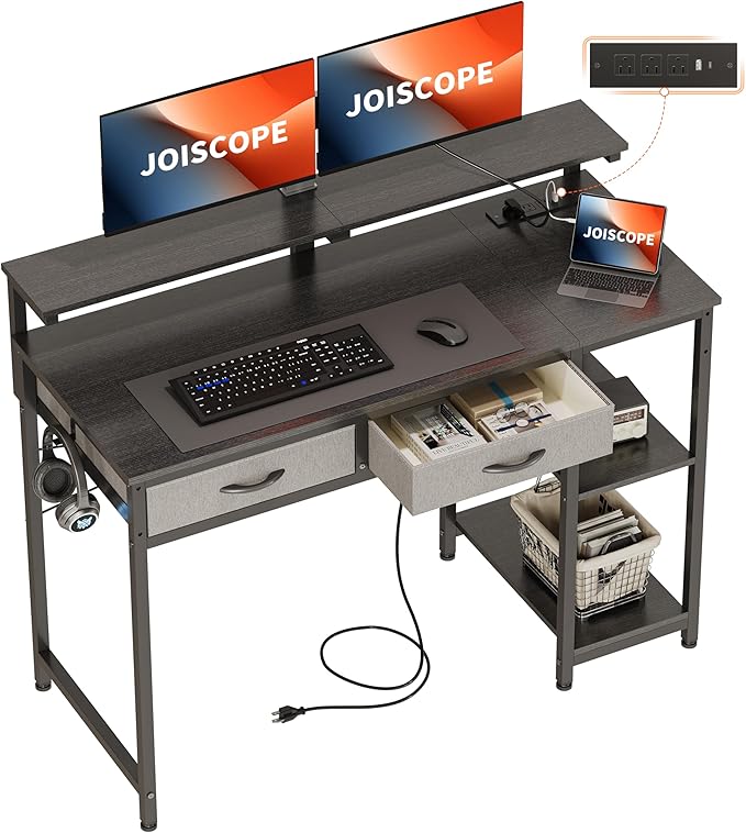 JOISCOPE Home Office Desk with Power Outlets (3AC, USB, Type-C), 48 × 20 Inch Computer Desk with 2 Drawers & Shelves, Laptop Table with Display Riser, Gaming Study Drafting Table for Bedroom, Black