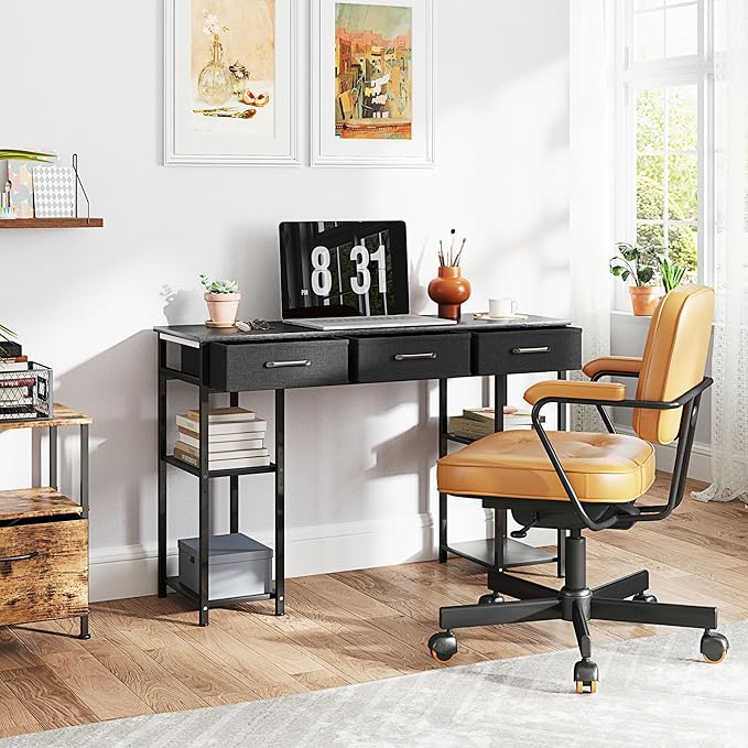 HOMCOM 47" Computer Desk with 3 Fabric Drawers, Home Office Desk with Adjustable Shelves, Small Writing Desk with Storage, Black