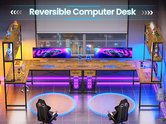SEDETA L Shaped Gaming Desk, 51.2" Reversible Small Corner Desk with Drawer, Power Outlet & LED Lights, Computer Desk with Storage Shelves for Small Space, Rustic Brown