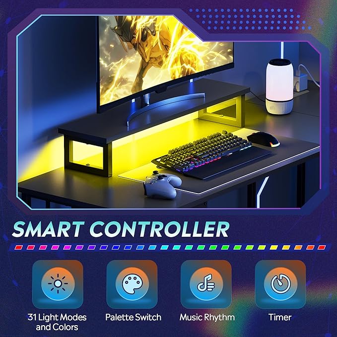 DEVAISE L Shaped Gaming Desk with Drawers and Storage, L Shaped Desk with LED Lights, Power Outlets, PC Desk with Monitor Stand, Corner Desk for Home Office (Black, 55 Inch)