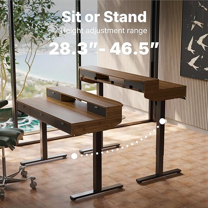 HUANUO 40 x 24 inch Electric Standing Desk with 4 Drawers, Adjustable Height Sit Stand Home Office Desk, C-Clamp Mount Compatible, Ergonomic Stand up Desk with 4 Preset Heights, Walnut