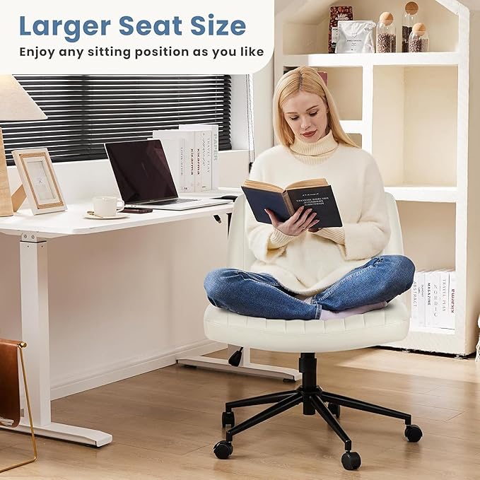 DUMOS Criss Cross Chair with Wheels, Legged Office Armless Wide Desk Seat Dual-Purpose Base, Adjustable Swivel Leather Task Vanity Home Office Desk Seating, Cream