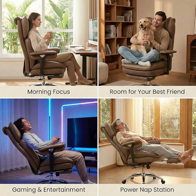 Efomao Big & Tall Executive Office Chair with Footrest - 400lbs Heavy Duty High Back PU Leather Desk Chair, Modern Ergonomic Reclining Computer Chair, Brown