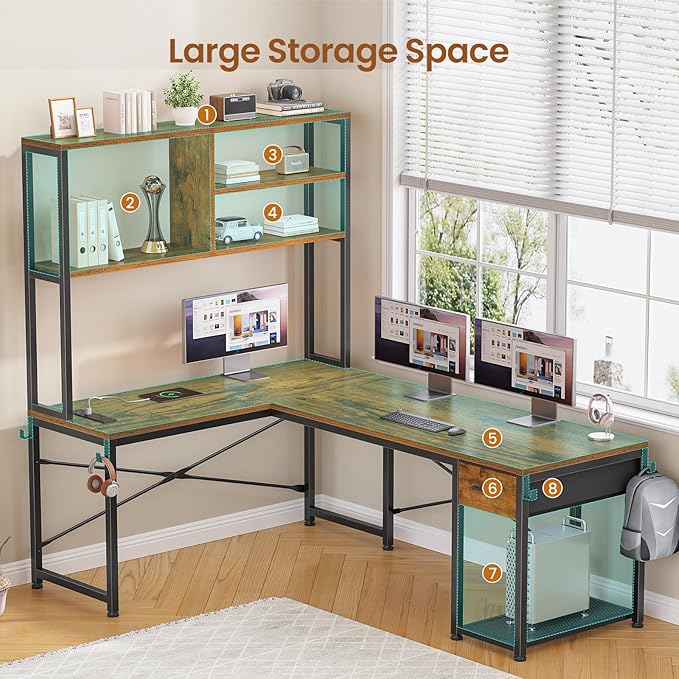 SEDETA L Shaped Gaming Desk, 51.2" Reversible Small Corner Desk with Drawer, Power Outlet & LED Lights, Computer Desk with Storage Shelves for Small Space, Rustic Brown