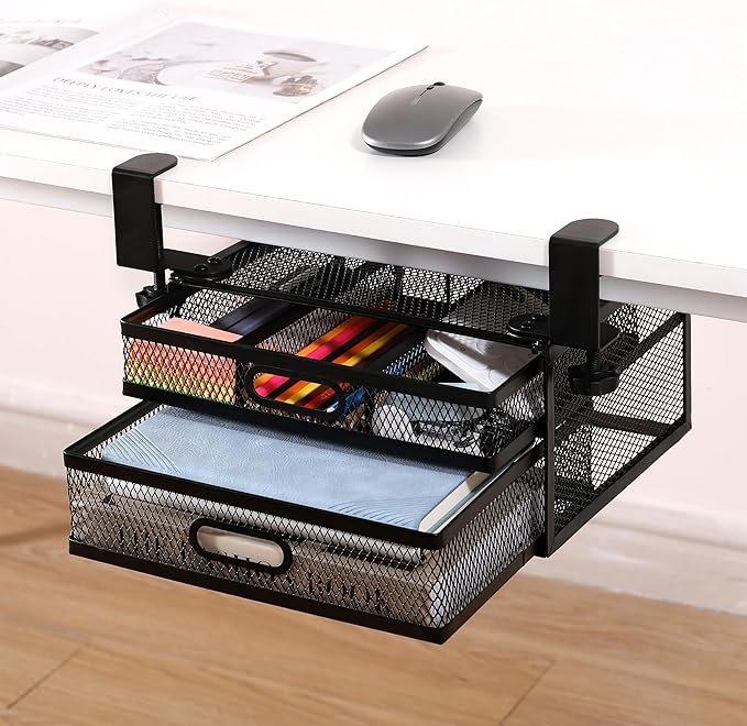 Under Desk Drawer Organizer with 2 Slide Out Drawers – No Drilling Metal Clamp-On Storage, Anti-Slip Desk Drawer Attachment for Home & Office Desktop Organization (Black)
