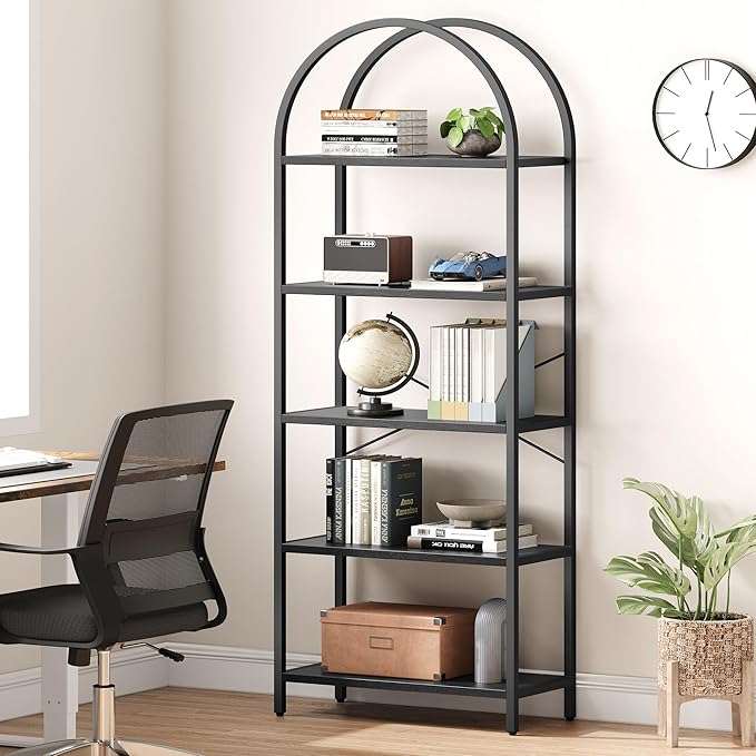 IDEALHOUSE Bookshelf 5 Tier Bookcase Arched Display Racks Tall Standing Bookshelves Metal Frame Modern Storage Rack Shelf Large Wood Book Shelf for Bedroom, Living Room, Home Office (Black)